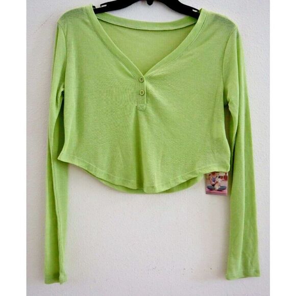 Halara Women's Sz S Reed Green V-Neck Button L/S Curved Hem Cropped Top - Picture 1 of 9